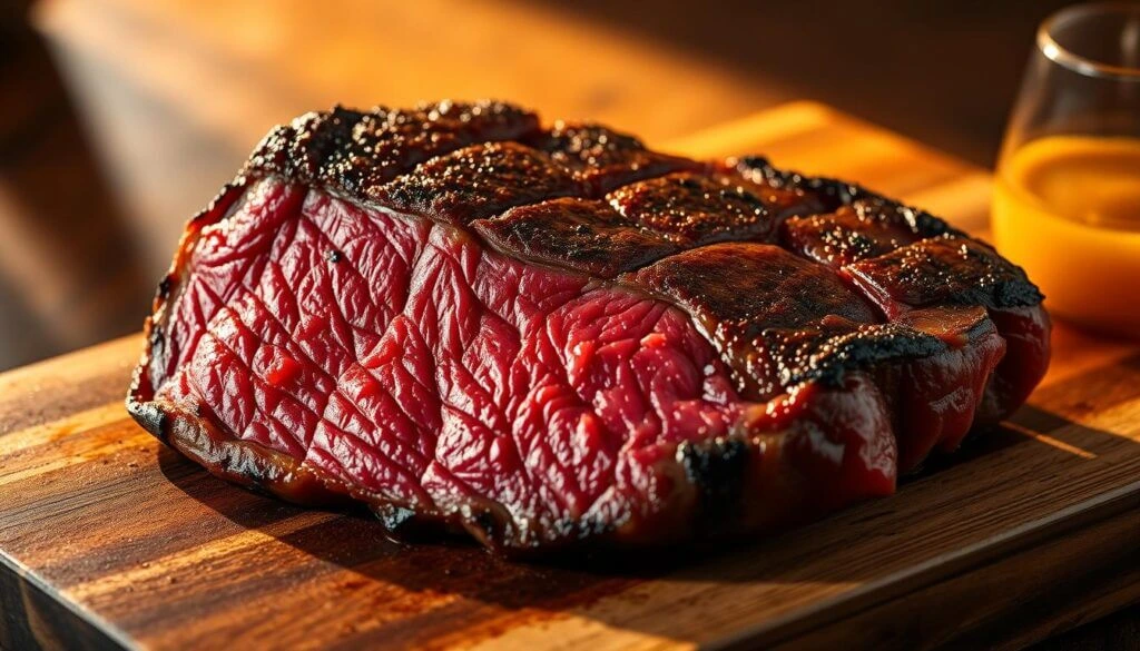 A close-up view of a thick, rare-cooked steak with a charred exterior, resting on a wooden cutting board. A glass of orange juice is partially visible in the background.