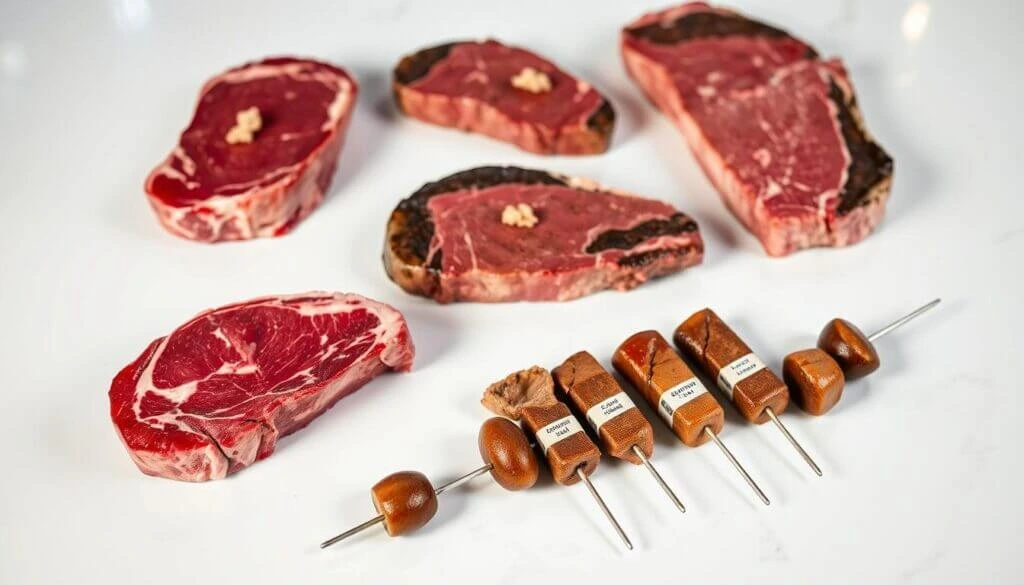 A selection of raw steaks and meat thermometers on a white surface.