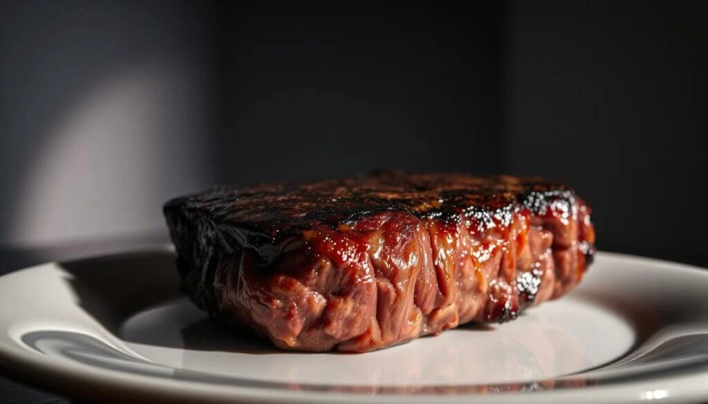 A close-up view of a piece of grilled meat on a white plate, showcasing its charred and juicy exterior.