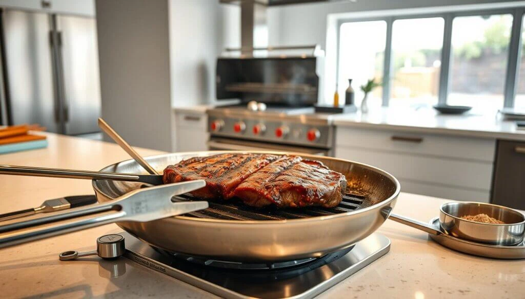 A close-up view of a steak being cooked in a stainless steel pan on a stovetop in a modern kitchen.