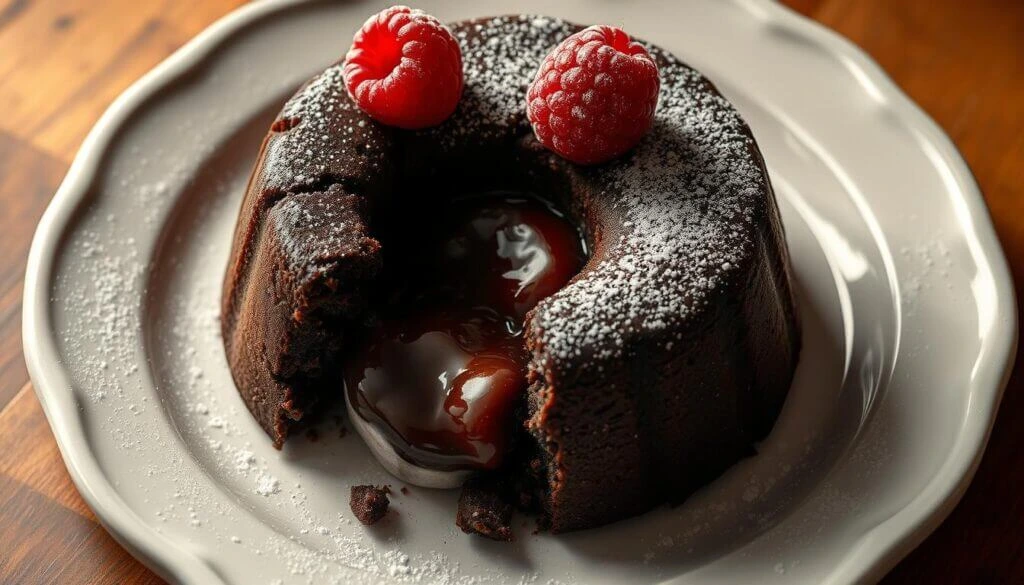 A rich chocolate lava cake with a molten center, topped with two fresh raspberries and dusted with powdered sugar, served on a white plate.