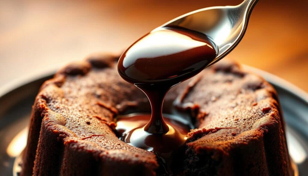 A close-up of a rich chocolate cake with a spoon pouring glossy chocolate sauce over it.