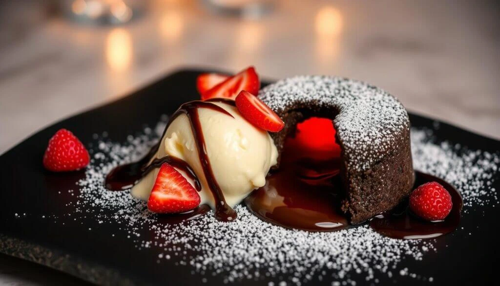 A decadent dessert featuring a chocolate lava cake with a molten center, served with a scoop of vanilla ice cream drizzled with chocolate sauce, garnished with fresh strawberries and raspberries, and dusted with powdered sugar on a black plate.