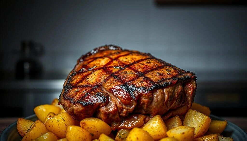 A perfectly grilled steak with crosshatch grill marks, resting on a bed of golden roasted potatoes.