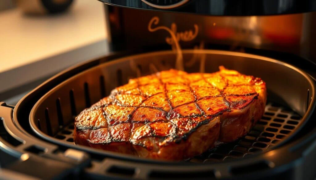 A perfectly cooked steak with a crisscross pattern of grill marks, resting in an air fryer basket.