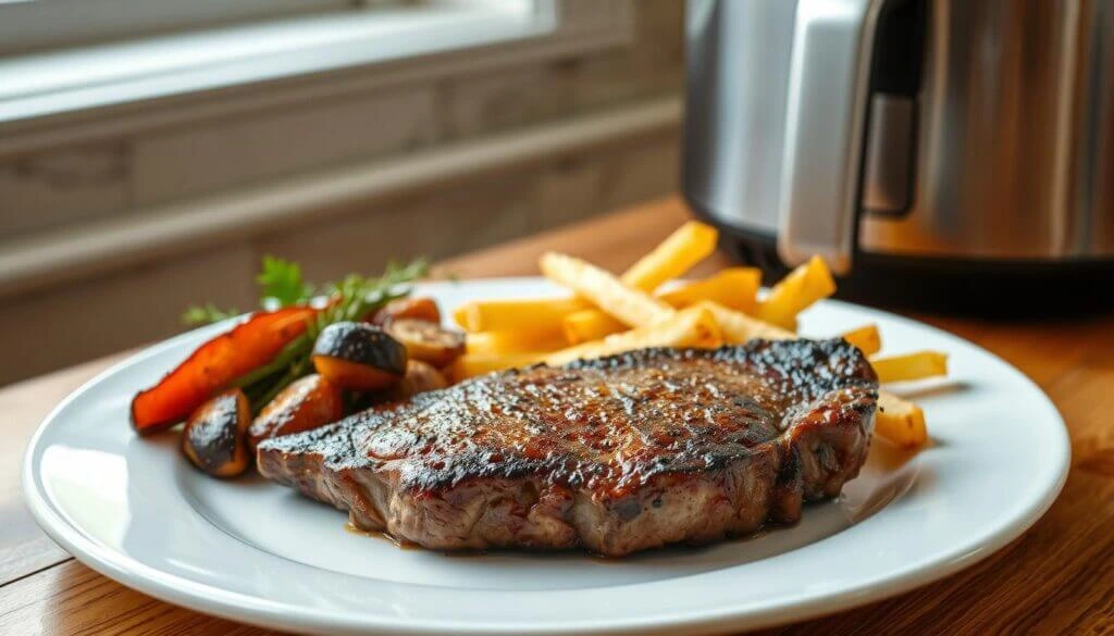 A plate of food featuring a grilled steak, French fries, and roasted vegetables.