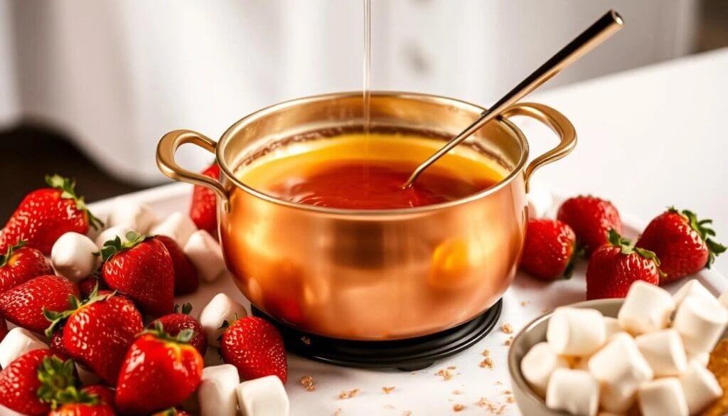 A copper pot filled with melted caramel sauce, surrounded by fresh strawberries and marshmallows.