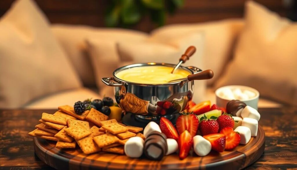 A fondue pot filled with melted cheese surrounded by an assortment of dippable items including crackers, strawberries, marshmallows, and blackberries on a wooden platter.