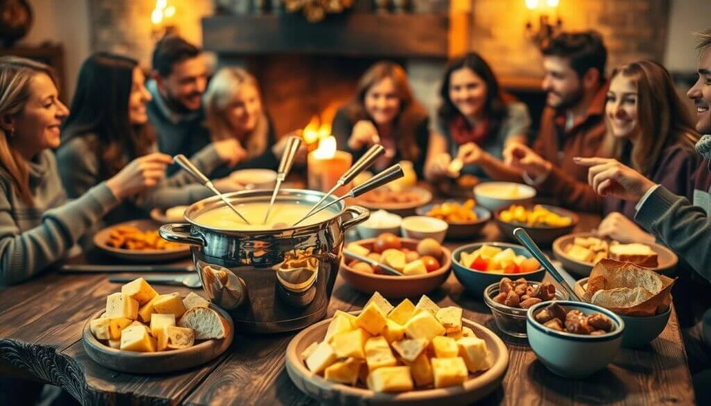 A group of people enjoying a fondue meal together at a cozy, warmly lit dining table.