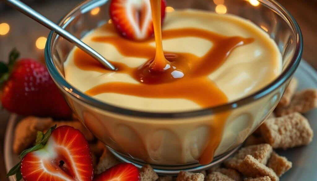 A bowl of creamy custard with caramel sauce being drizzled on top, surrounded by fresh strawberries and small pieces of cereal.