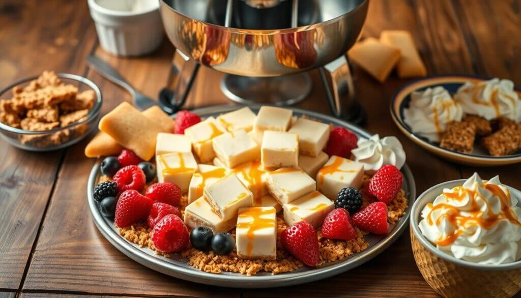 A dessert fondue setup with a plate of cheesecake squares, fresh berries, and whipped cream.