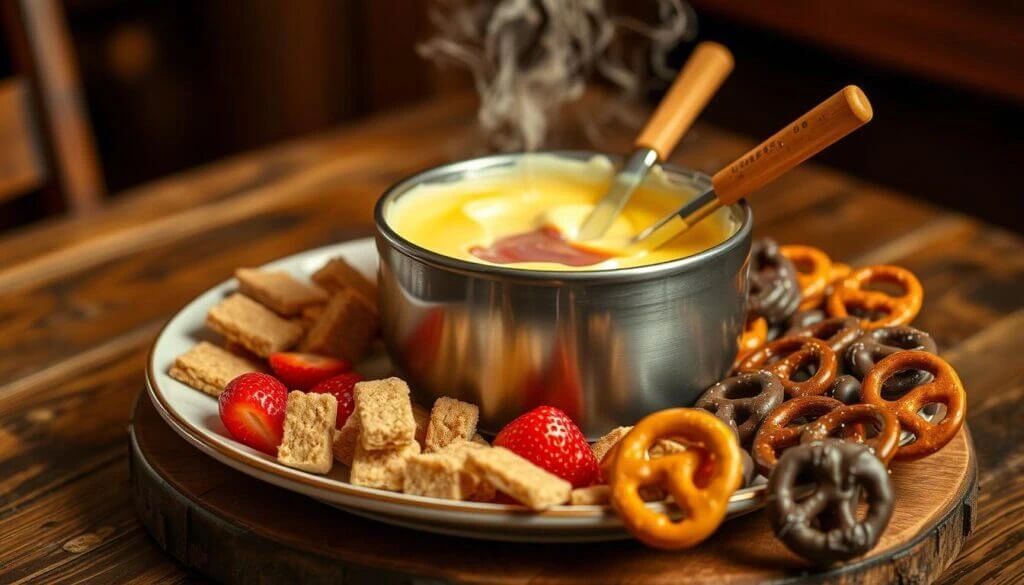 A plate of fondue with various dipping items including strawberries, graham crackers, and pretzels.