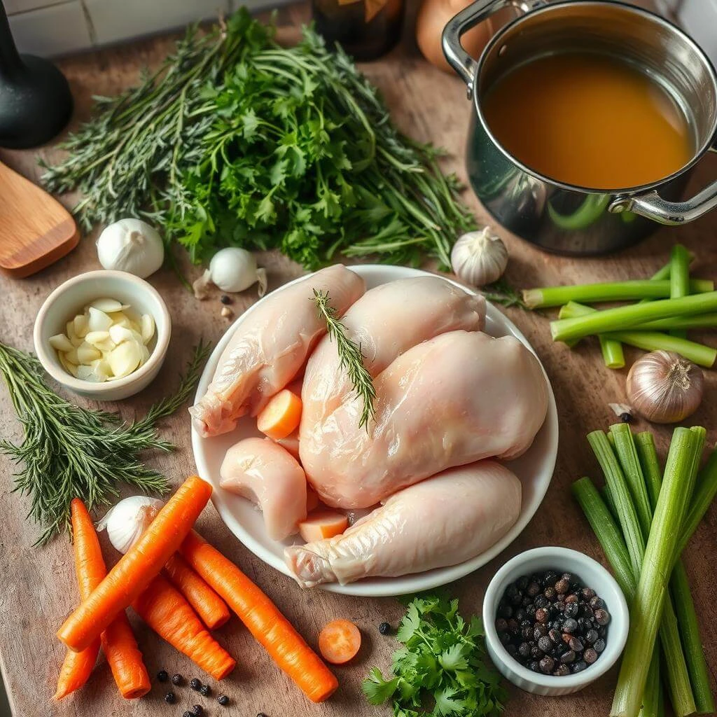 A fine-mesh strainer separating golden chicken broth from solids into a clean bowl.