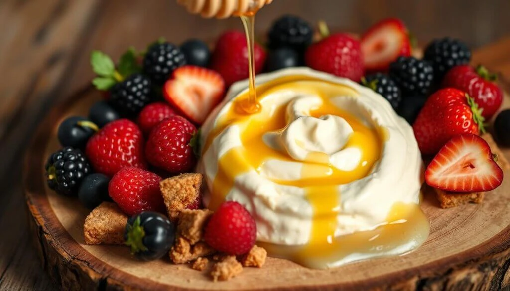 A creamy swirl of yogurt drizzled with golden honey, surrounded by fresh berries and crumbled biscuits on a wooden platter.