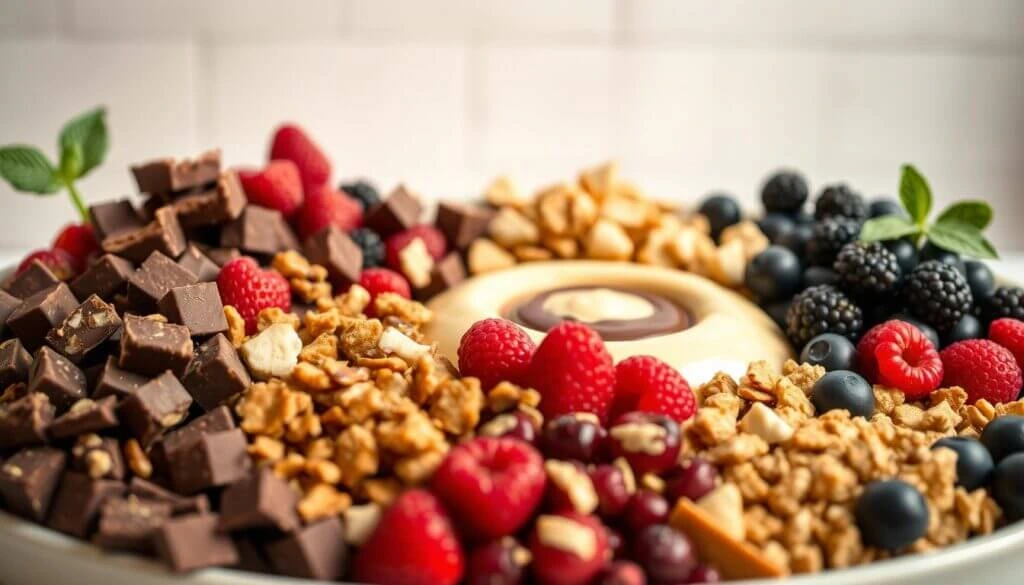 A dessert charcuterie board featuring an assortment of fresh berries, chopped chocolate, granola, and nuts, surrounding a creamy dip with a chocolate swirl.