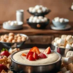 A dessert table featuring a bowl of creamy dip topped with fresh strawberries, surrounded by marshmallows, graham crackers, and strawberries, with additional bowls of marshmallows and other treats in the background.