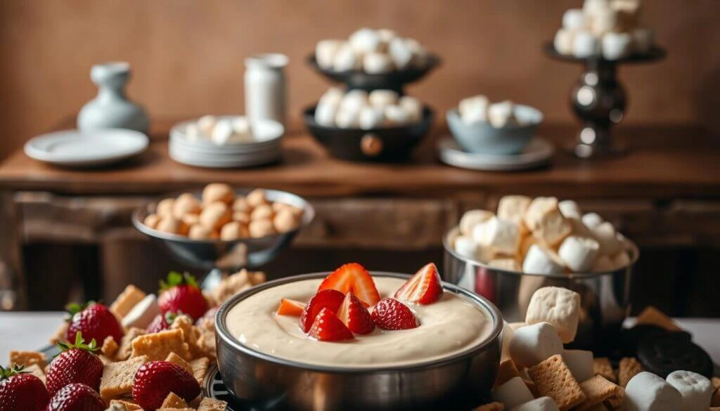 A dessert table featuring a bowl of creamy dip topped with fresh strawberries, surrounded by marshmallows, graham crackers, and strawberries, with additional bowls of marshmallows and other treats in the background.