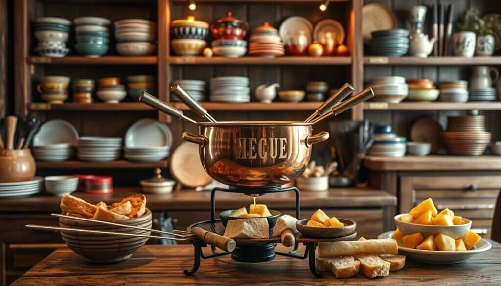 A cozy kitchen scene featuring a fondue pot with the word "FONDUE" engraved on it, surrounded by various bowls of bread and cheese cubes, with a background of neatly arranged dishes on wooden shelves.