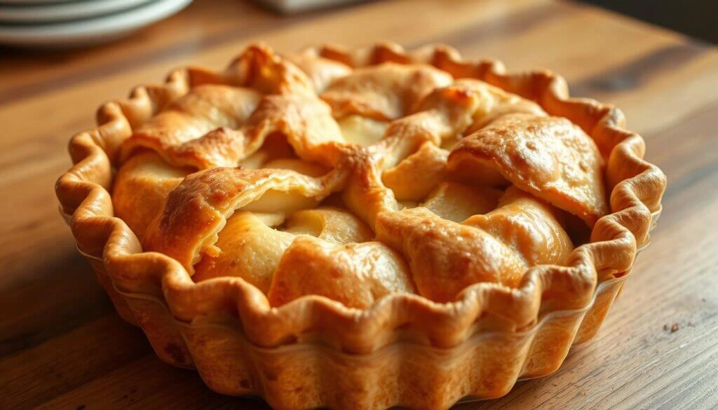 A freshly baked golden apple pie with a flaky, buttery crust on a wooden table.