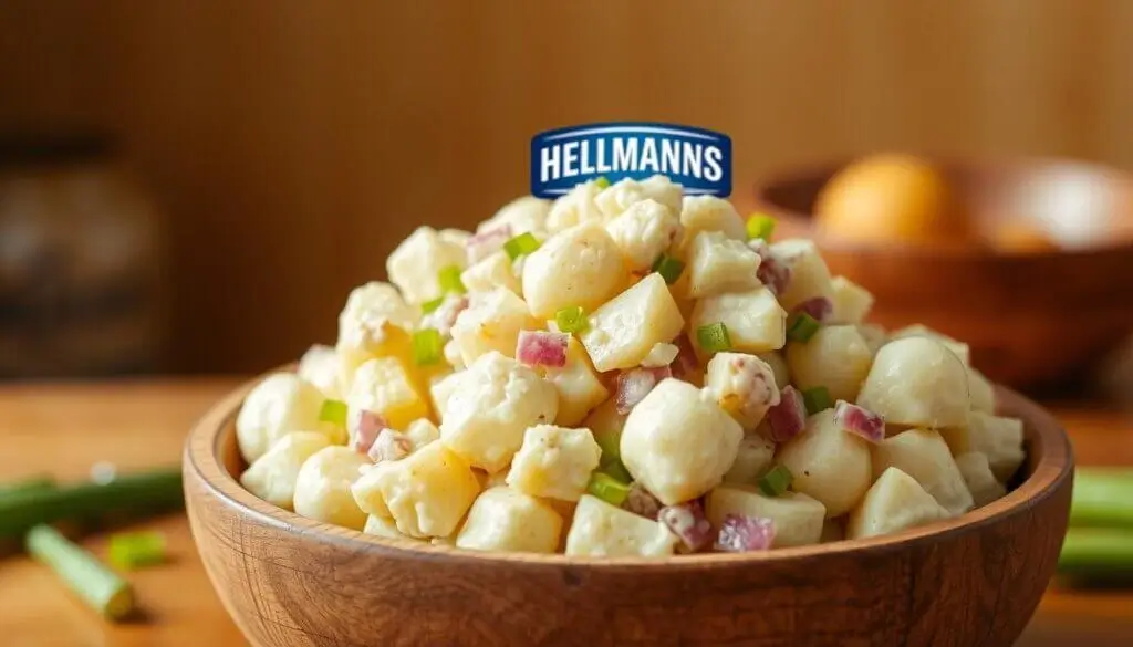 A wooden bowl filled with a creamy potato salad, garnished with chopped green onions and red onions. A Hellmann's label is prominently displayed above the salad.