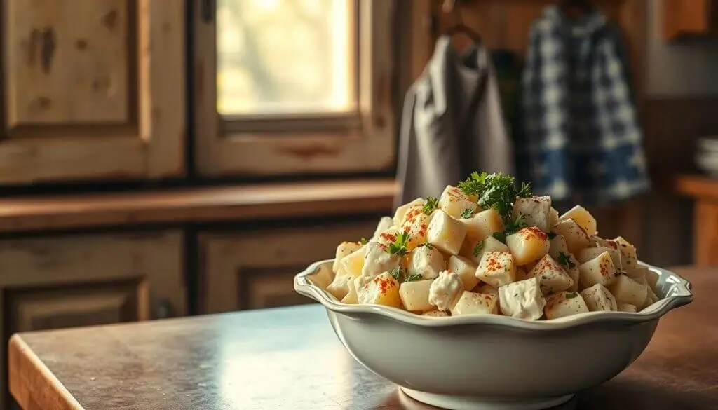 A bowl of potato salad garnished with parsley and paprika, placed on a wooden kitchen table with rustic cabinets and a window in the background.