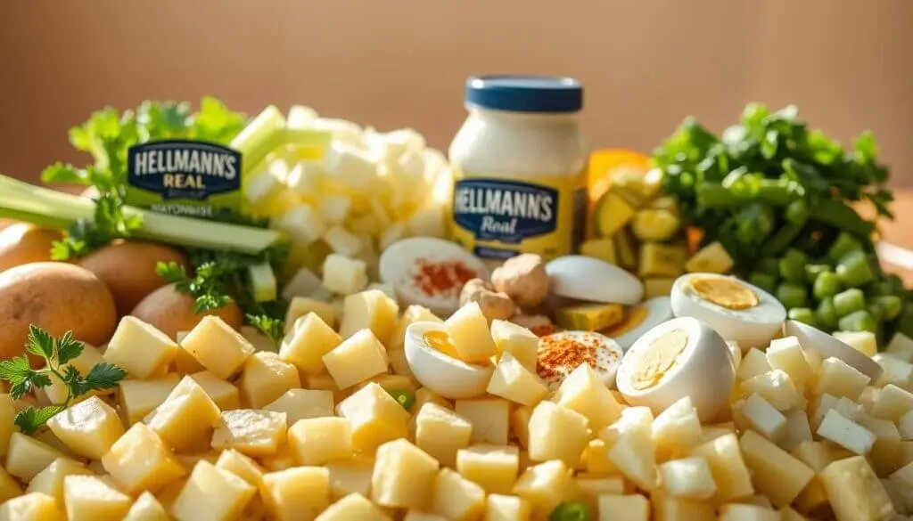 Ingredients for a potato salad including diced potatoes, hard-boiled eggs, celery, pickles, parsley, and Hellmann's Real Mayonnaise.