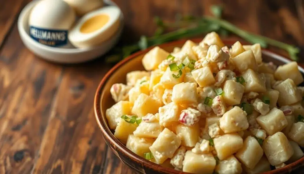 A bowl of creamy potato salad garnished with chopped green onions, with a plate of hard-boiled eggs and a jar of Hellmann's mayonnaise in the background.