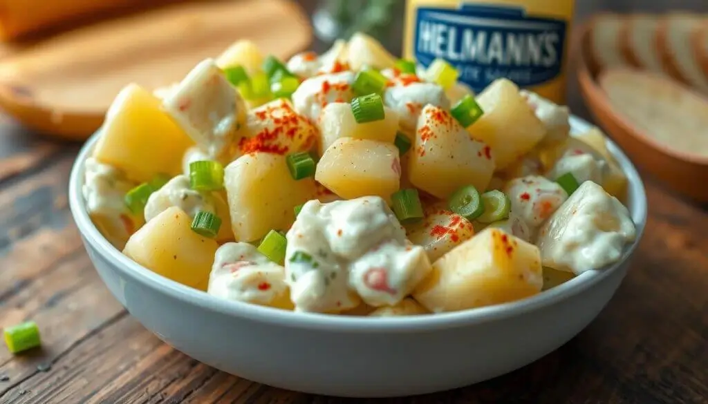 A bowl of creamy potato salad garnished with chopped green onions and a sprinkle of paprika, with a jar of Hellmann's mayonnaise in the background.