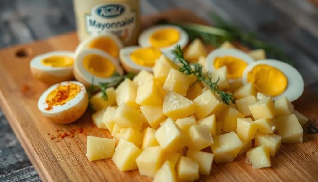 Chopped boiled potatoes and halved boiled eggs on a wooden cutting board with a jar of mayonnaise in the background.