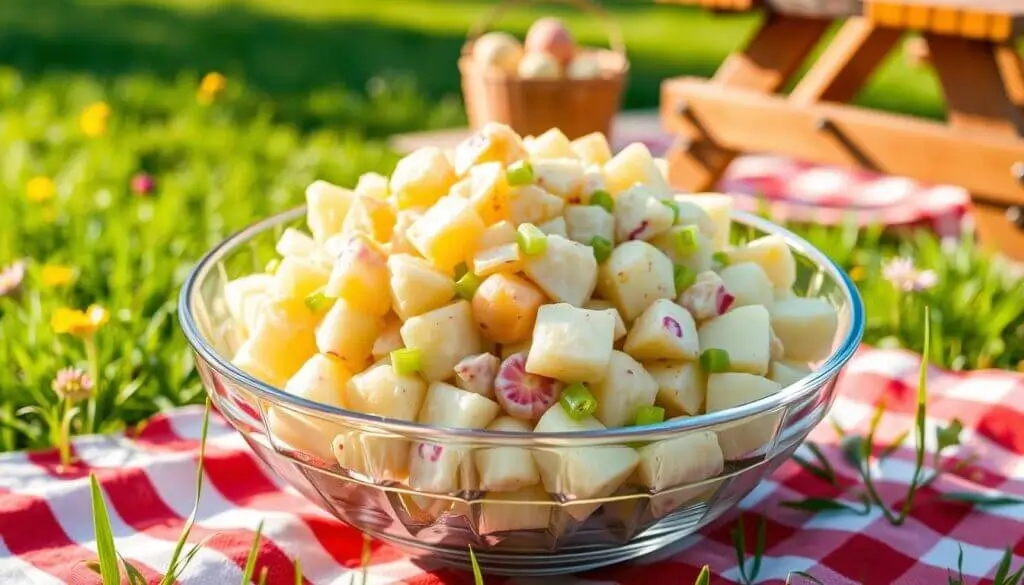 A glass bowl filled with a creamy potato salad, garnished with chopped green onions, placed on a red and white checkered picnic blanket with a blurred background of a picnic table and a basket of apples.