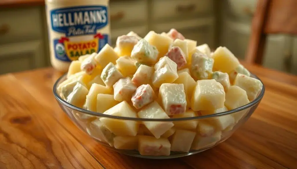 A bowl of potato salad with a jar of Hellmann's Potato Salad dressing in the background