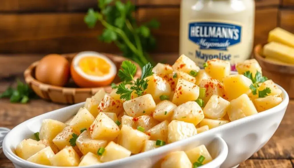 A bowl of potato salad garnished with parsley and paprika, with a jar of Hellmann's mayonnaise, a halved boiled egg, and a basket of eggs in the background.