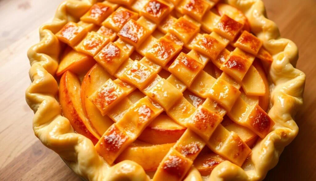 A homemade apple pie with a beautifully arranged lattice crust, golden-brown and glossy, filled with fresh apple slices.