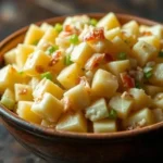 A bowl of diced cheese with small pieces of green herbs and bacon bits.