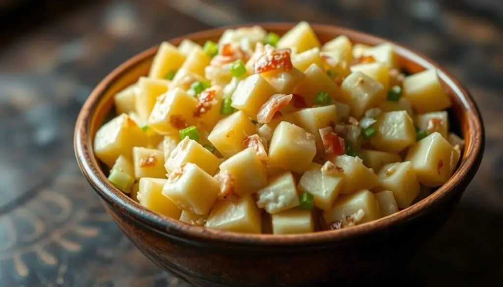 A bowl of diced cheese with small pieces of green herbs and bacon bits.