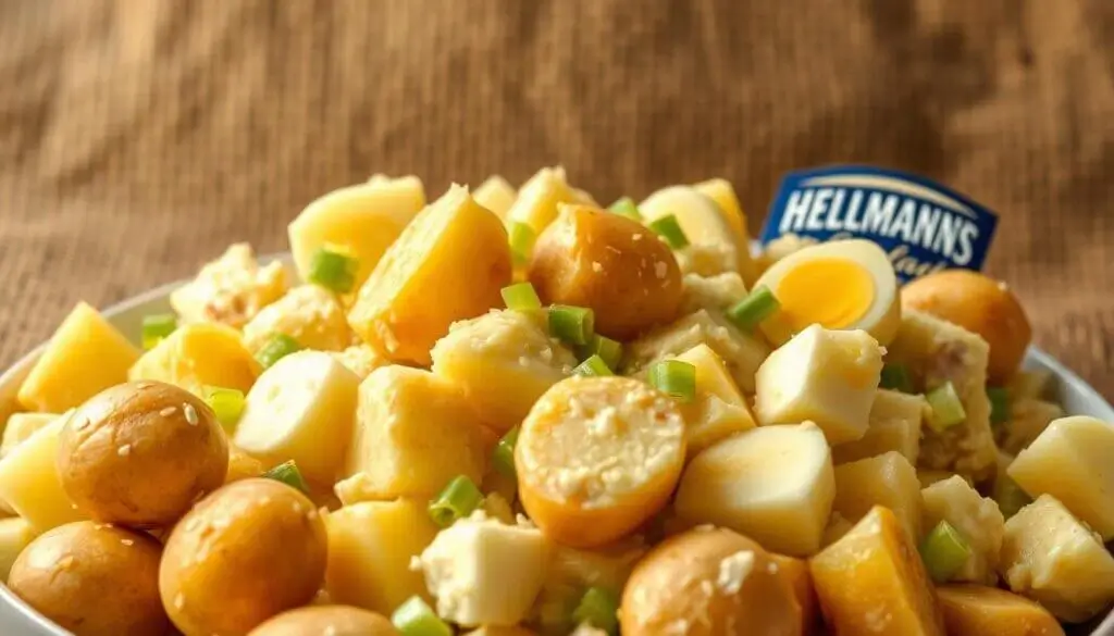 A close-up view of a potato salad with chunks of boiled potatoes, hard-boiled eggs, and green onions, with a Hellmann's mayonnaise label in the background.