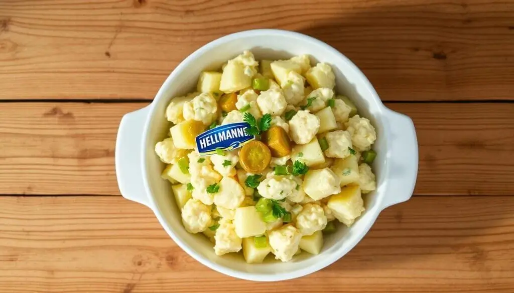 A bowl of potato salad with a Hellmann's label on top, placed on a wooden surface.