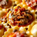 Close-up of ravioli topped with a rich meat sauce.