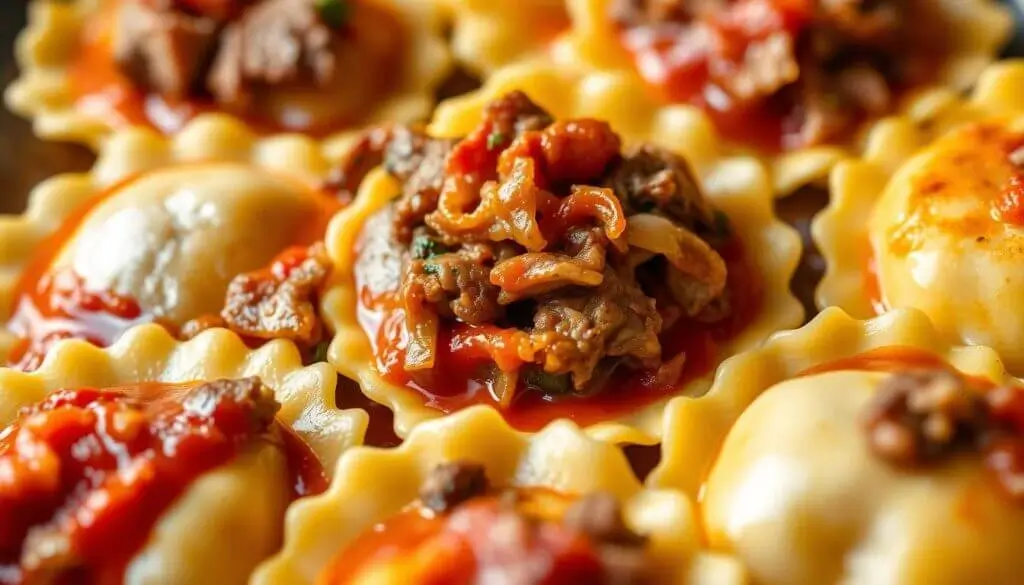 Close-up of ravioli topped with a rich meat sauce.