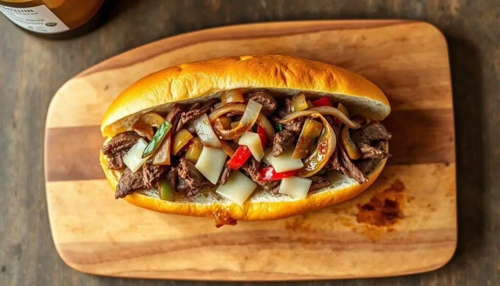 A close-up view of a sandwich filled with sliced beef, sautéed onions, bell peppers, and melted cheese on a wooden cutting board.