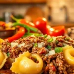 A close-up of a plate of pasta topped with a savory meat sauce, garnished with chopped green onions and surrounded by fresh vegetables in the background.