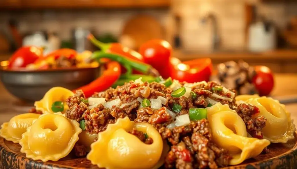 A close-up of a plate of pasta topped with a savory meat sauce, garnished with chopped green onions and surrounded by fresh vegetables in the background.