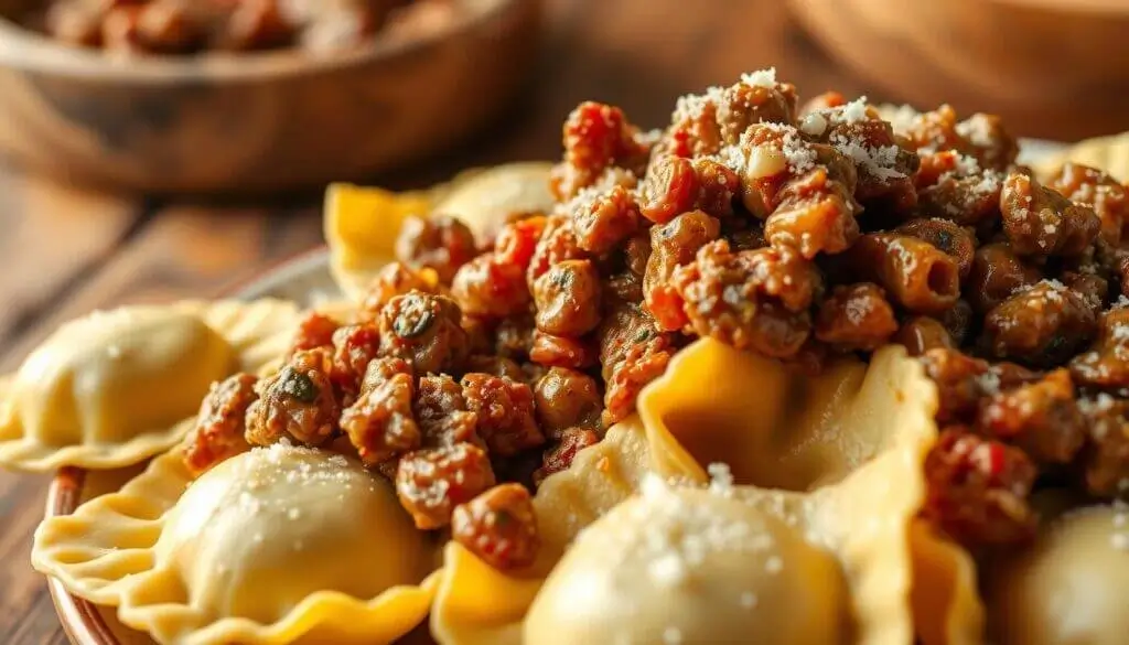 A close-up of a plate of ravioli topped with a chunky tomato and meat sauce, garnished with grated cheese.