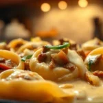 Close-up of stuffed pasta shells with creamy sauce and vegetables.