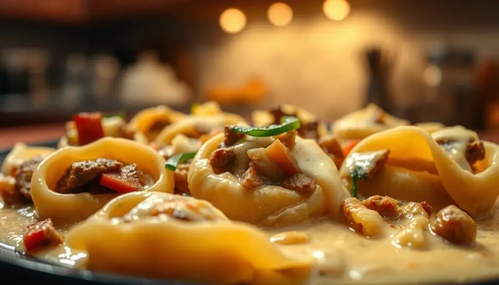 Close-up of stuffed pasta shells with creamy sauce and vegetables.