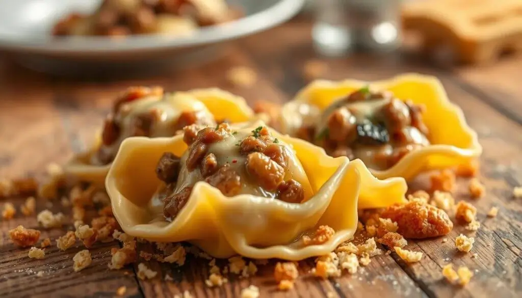 Close-up of three stuffed pasta shells topped with a savory sauce and garnished with herbs, surrounded by crumbled bread on a wooden surface.