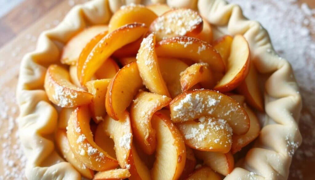 A freshly prepared apple pie with a raw, crimped crust, filled with spiced apple slices dusted with powdered sugar, ready for baking.