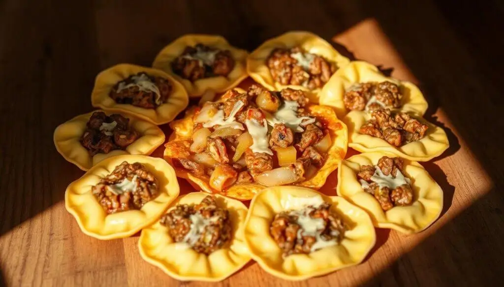 A close-up of a wooden table with a circular arrangement of stuffed pasta shells filled with a savory meat and vegetable mixture, topped with melted cheese.