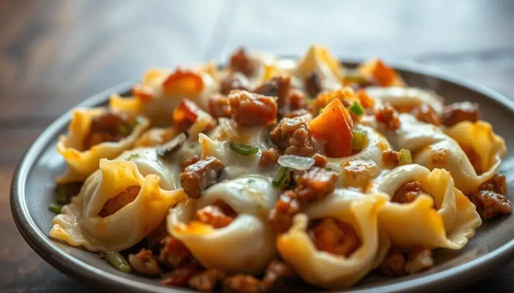 A plate of tortellini pasta topped with a creamy sauce and garnished with diced vegetables and pieces of meat.