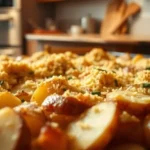 A close-up view of a tray of baked potatoes topped with a golden, crispy cheese and herb mixture, set in a cozy kitchen.